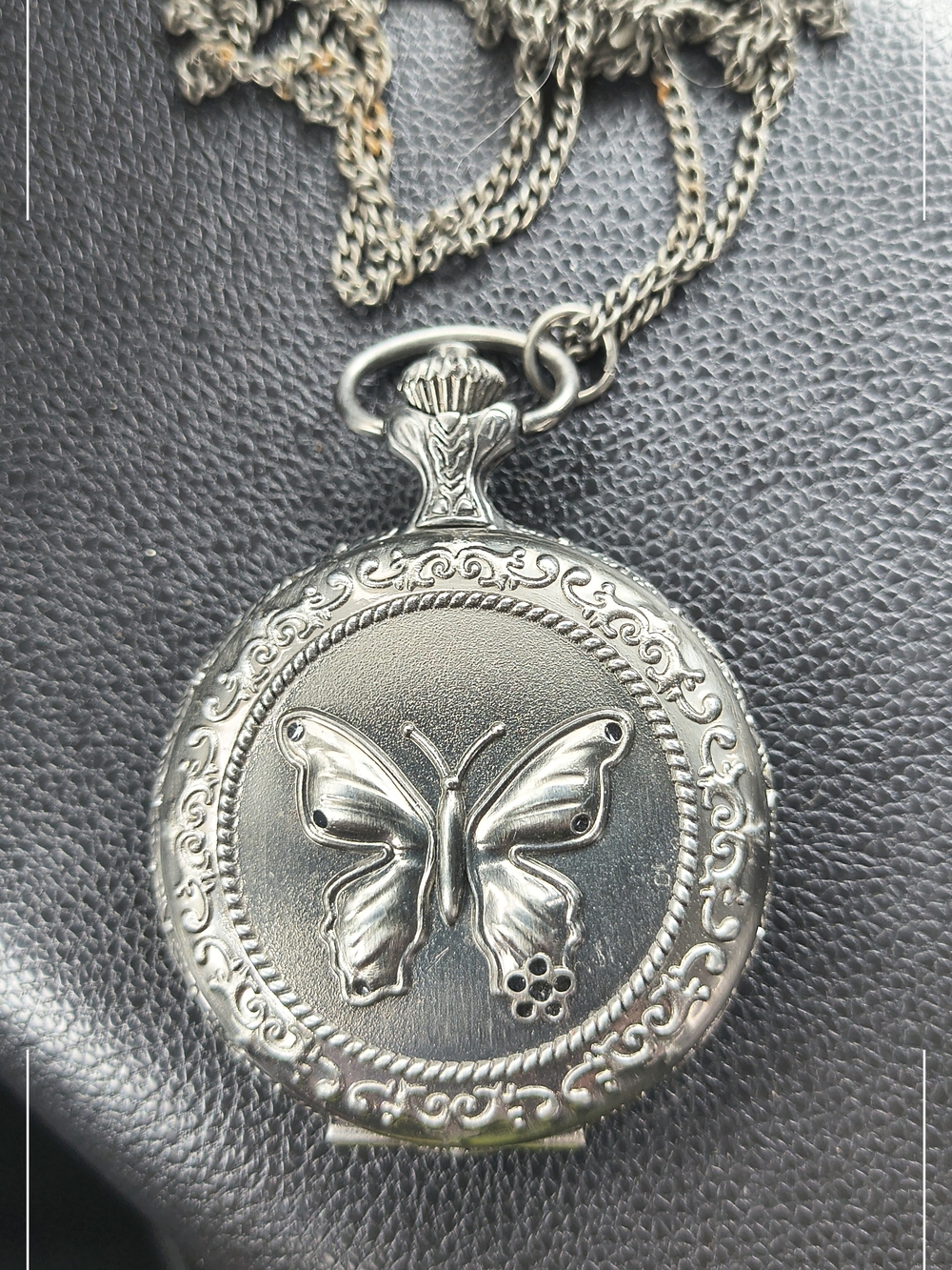 Butterfly Embossed Silver Pocket Watch Necklace